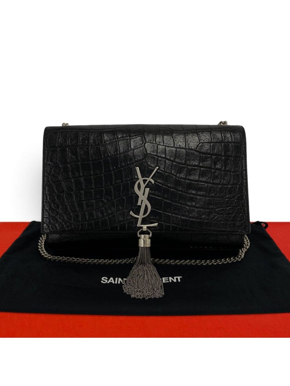 Saint Laurent Paris YSL Logo Tassel Leather Shoulder Bag Pochette Black